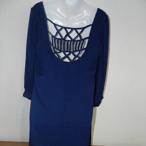 Navy blue chiffon 3/4 cuff sleeve geometric open back fully lined dress